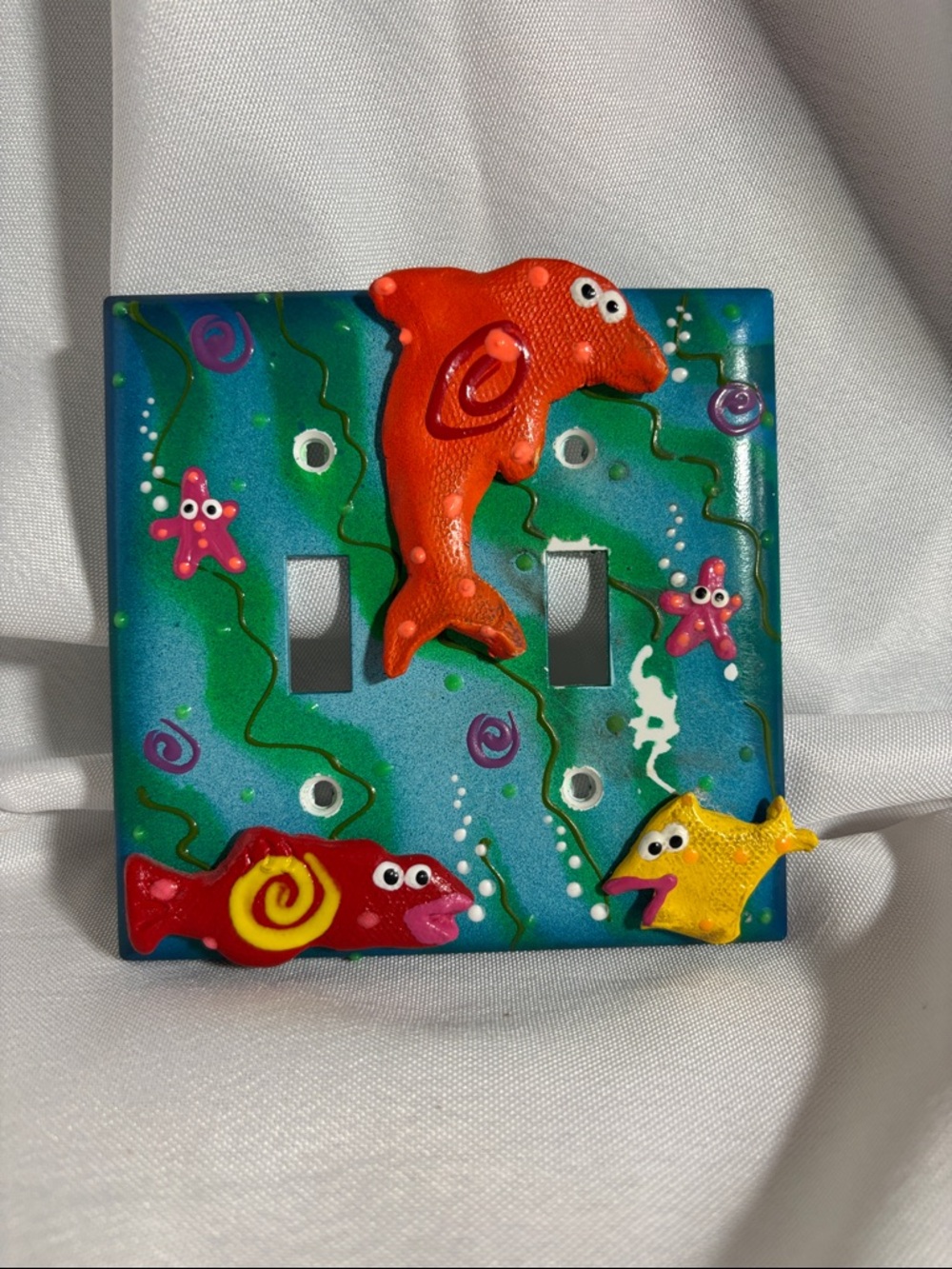 Hand-Painted Fish Theme Double Light Switch Cover - Blue, Orange, Red, Yellow